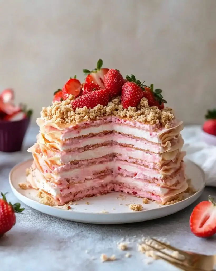 Strawberry Crumble Crepe Cake