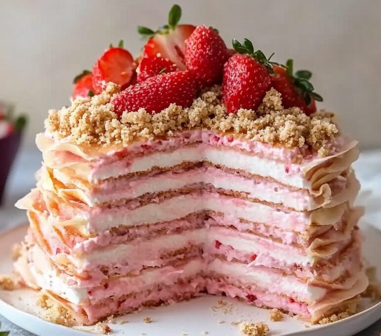 Strawberry Crumble Crepe Cake