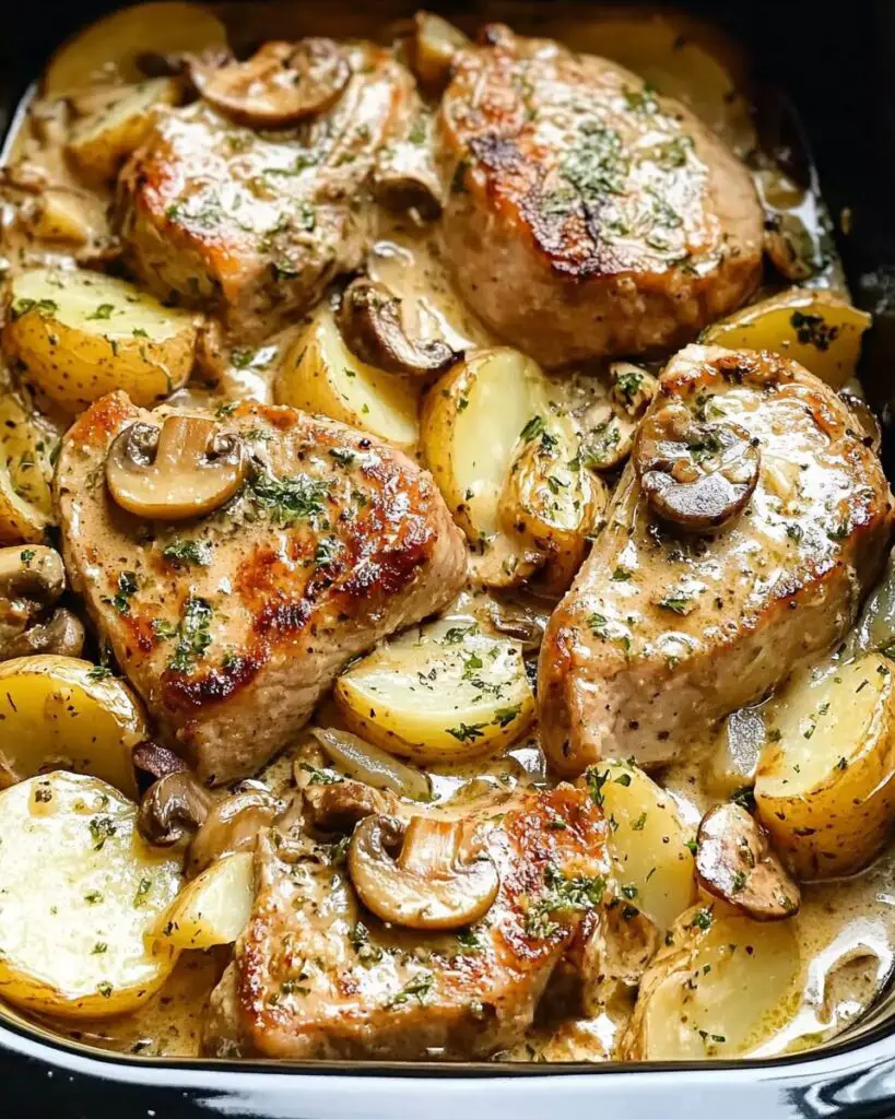 Crockpot Creamy Garlic Pork Chops and Potatoes