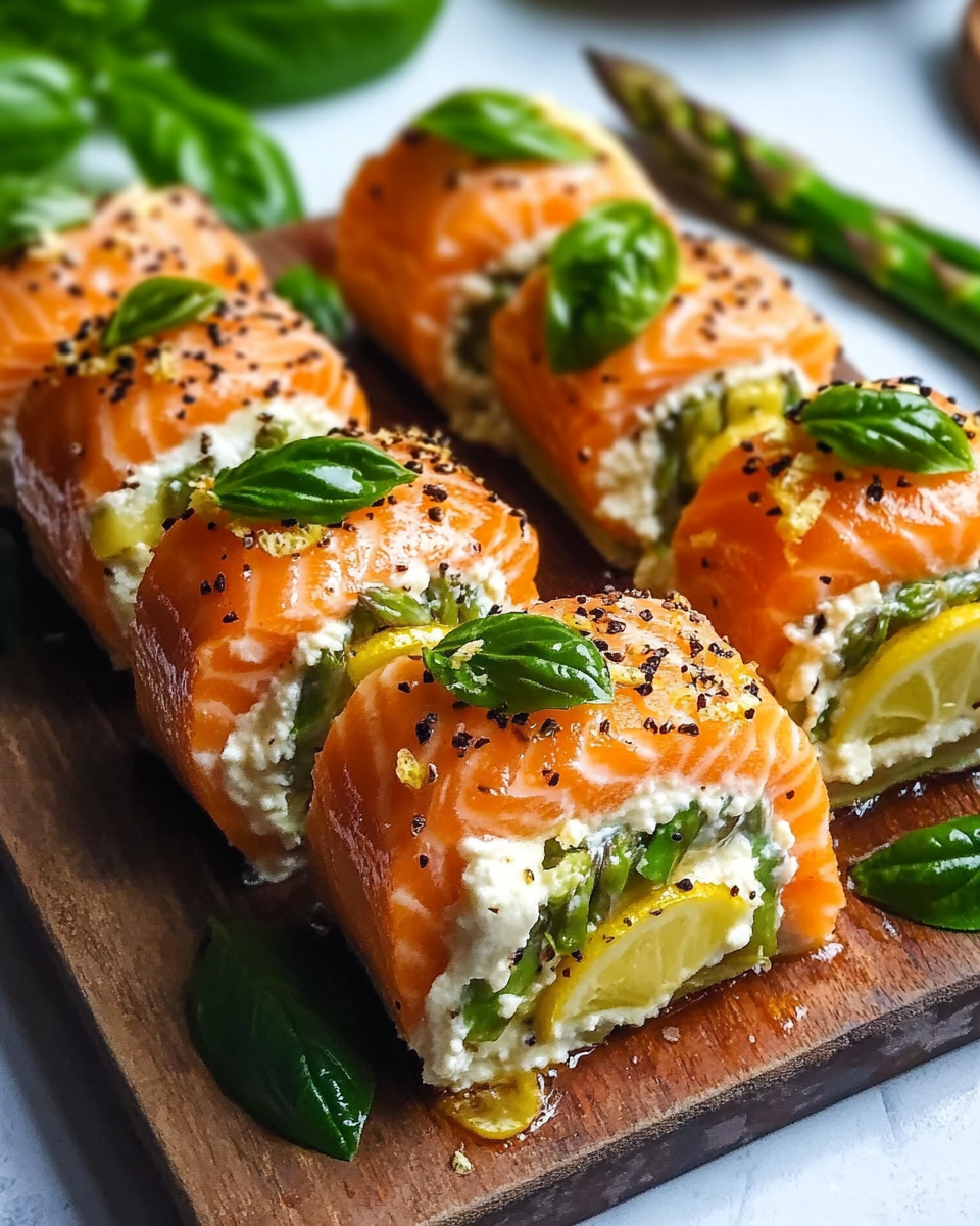 Asparagus and Lemon Basil Ricotta Stuffed Salmon Rolls