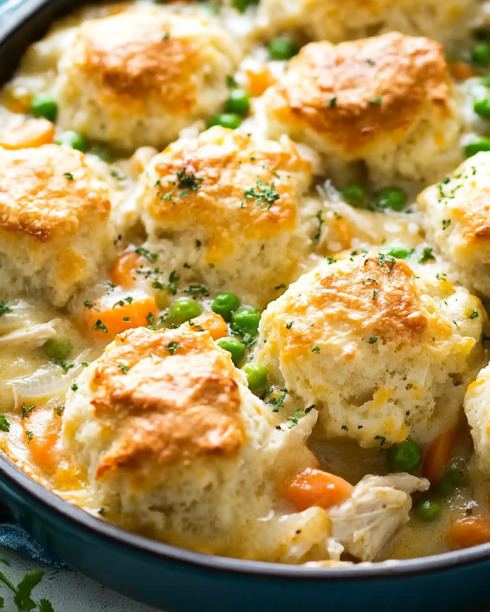 Chicken Pot Pie Casserole with Cheddar Biscuit Topping