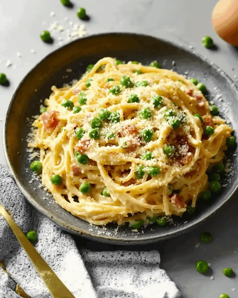 Spaghetti Carbonara with English Peas