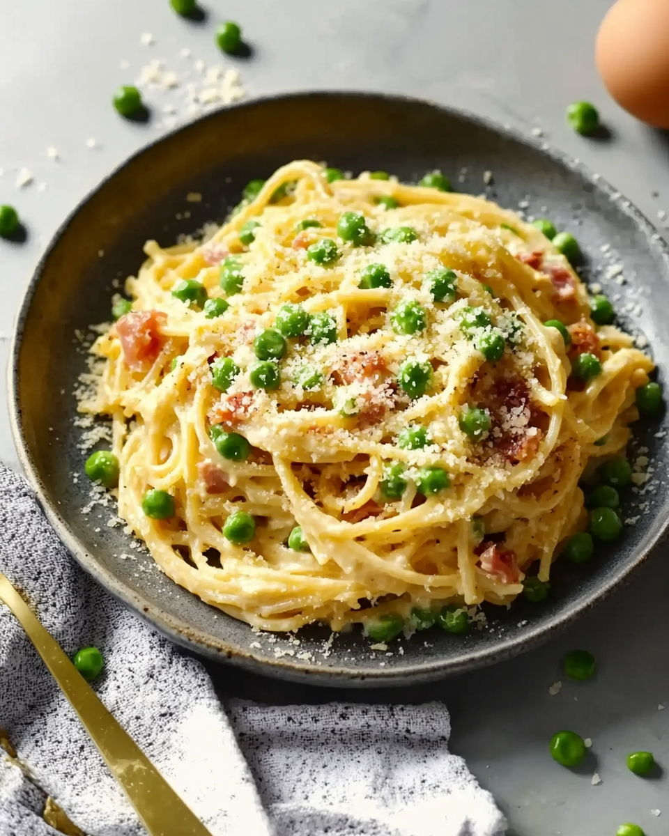 Spaghetti Carbonara with English Peas