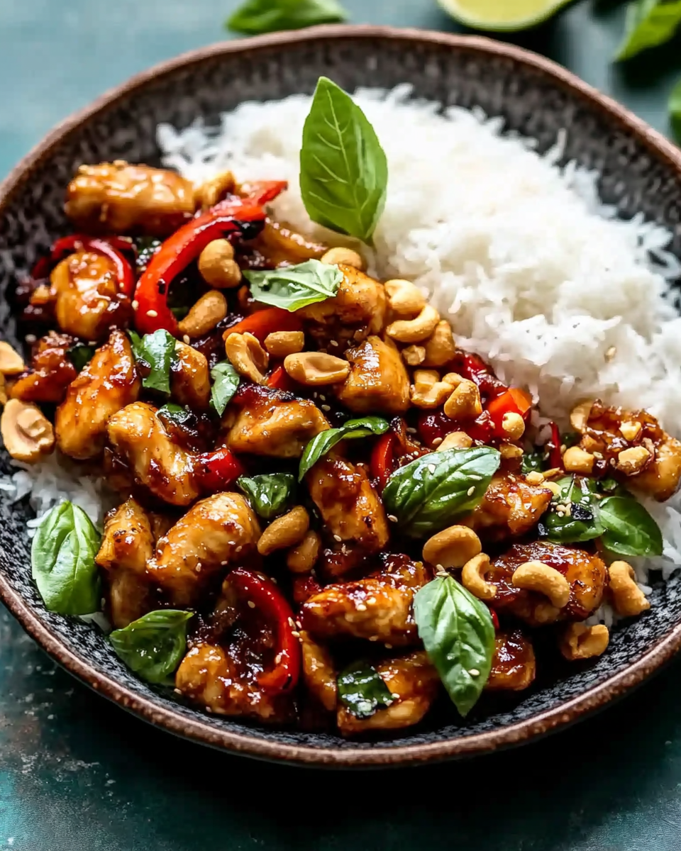 Basil Sesame Cashew Chicken with Coconut Rice