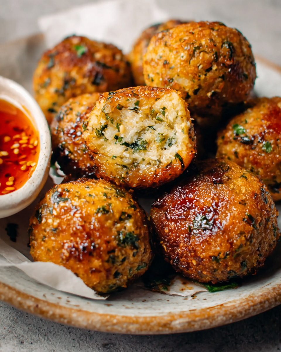 Brown Rice Balls with Sweet Chili Glaze