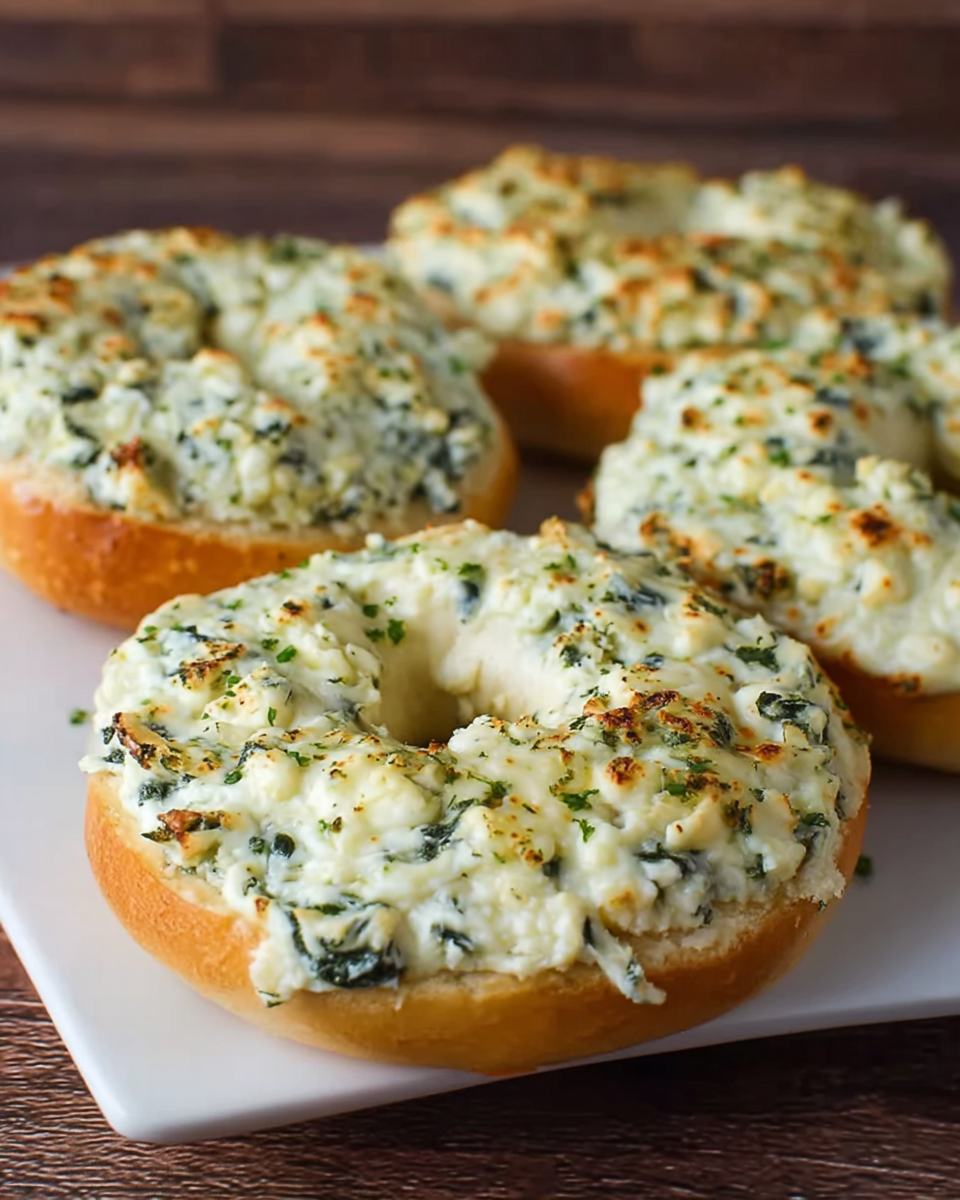 Cheesy Spinach-Artichoke Bagels