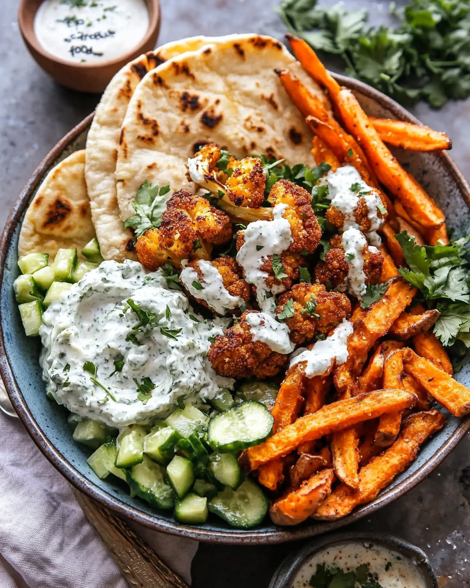 Crispy Cauliflower Tzatziki Bowls with Sweet Potato Fries