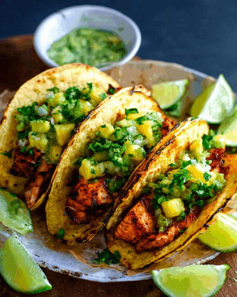 Jerk Grilled Salmon Tacos with Avocado Pineapple Salsa