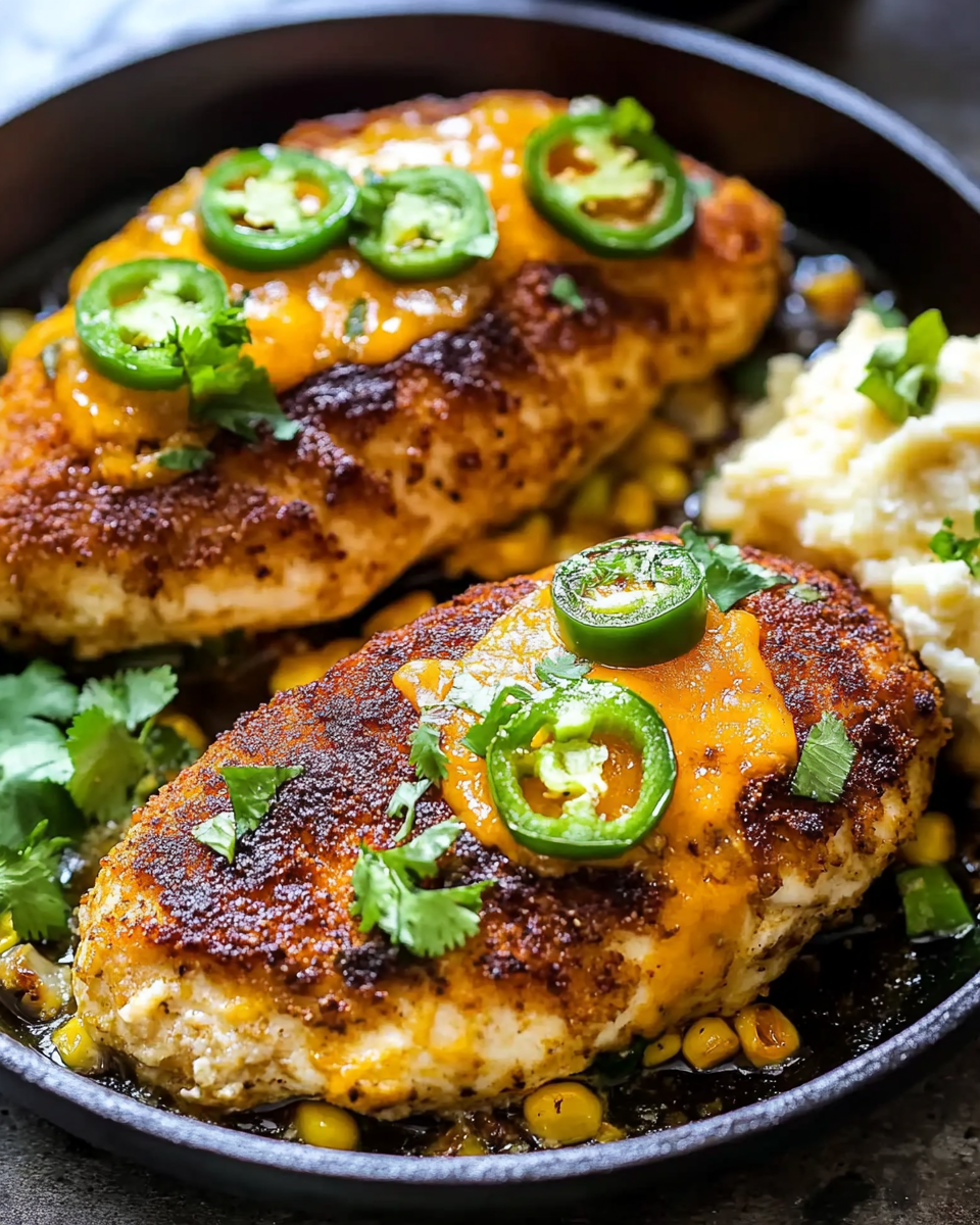 Jalapeño Cheddar Stuffed Chicken with Creamed Corn