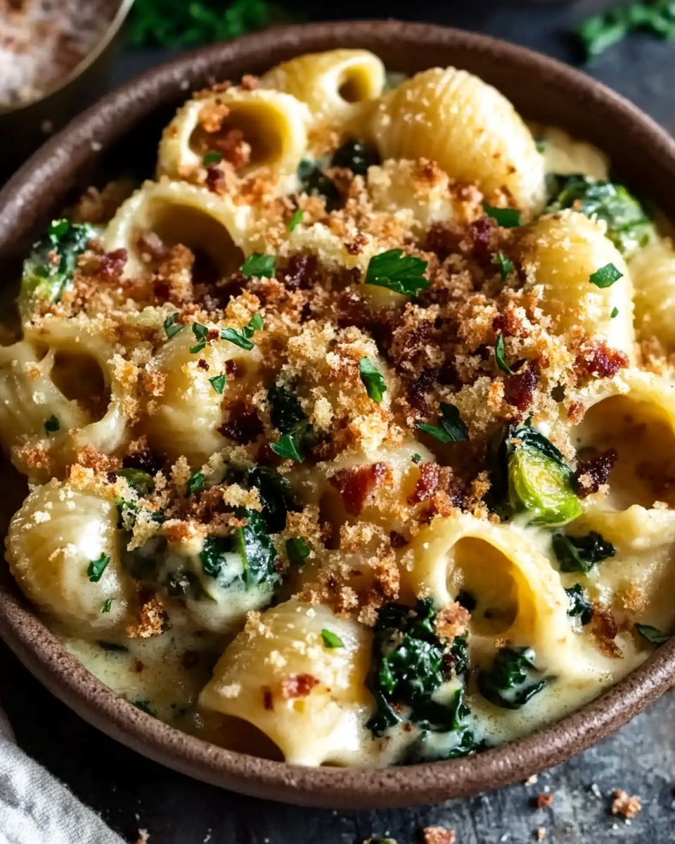 Mac and Cheese with Brussels Sprouts & Bacon Breadcrumbs