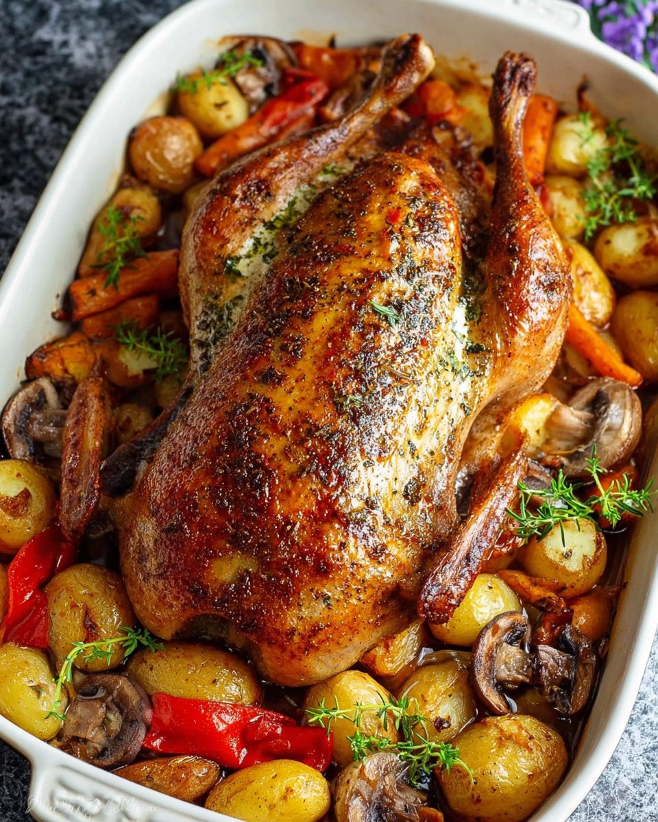 Roasted Duck in Wine with Potatoes, Peppers, and Mushrooms