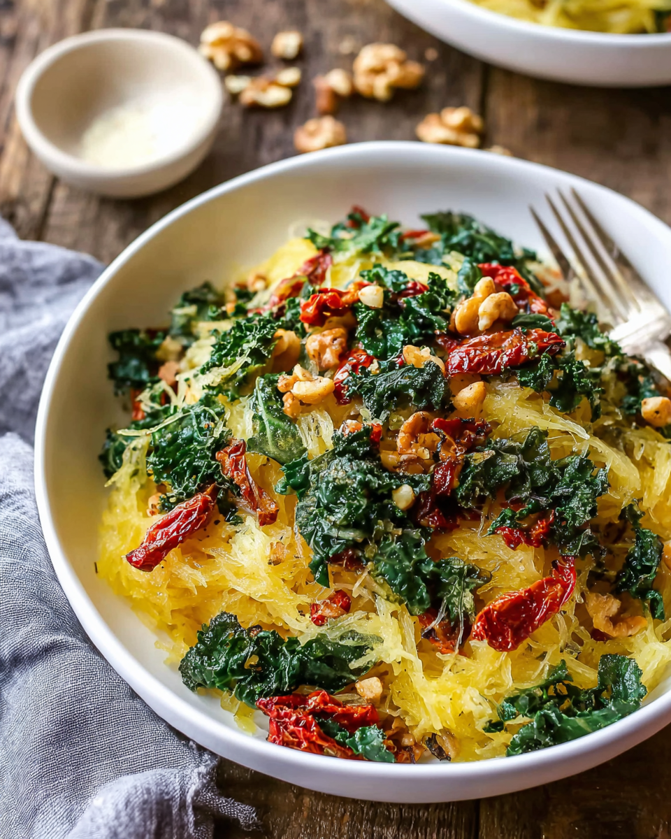 Roasted Garlic and Kale Spaghetti Squash with Sun-Dried Tomatoes