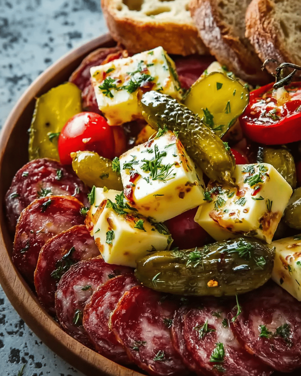 Easy Marinated Cheese Appetizer with Salami & Pickles