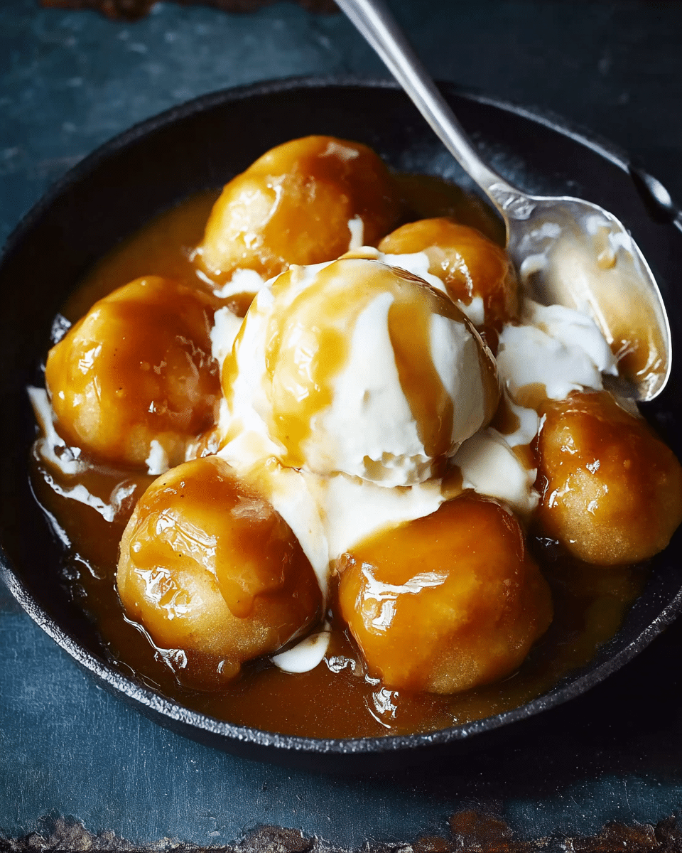 Caramel Dumplings with Ice Cream and Custard