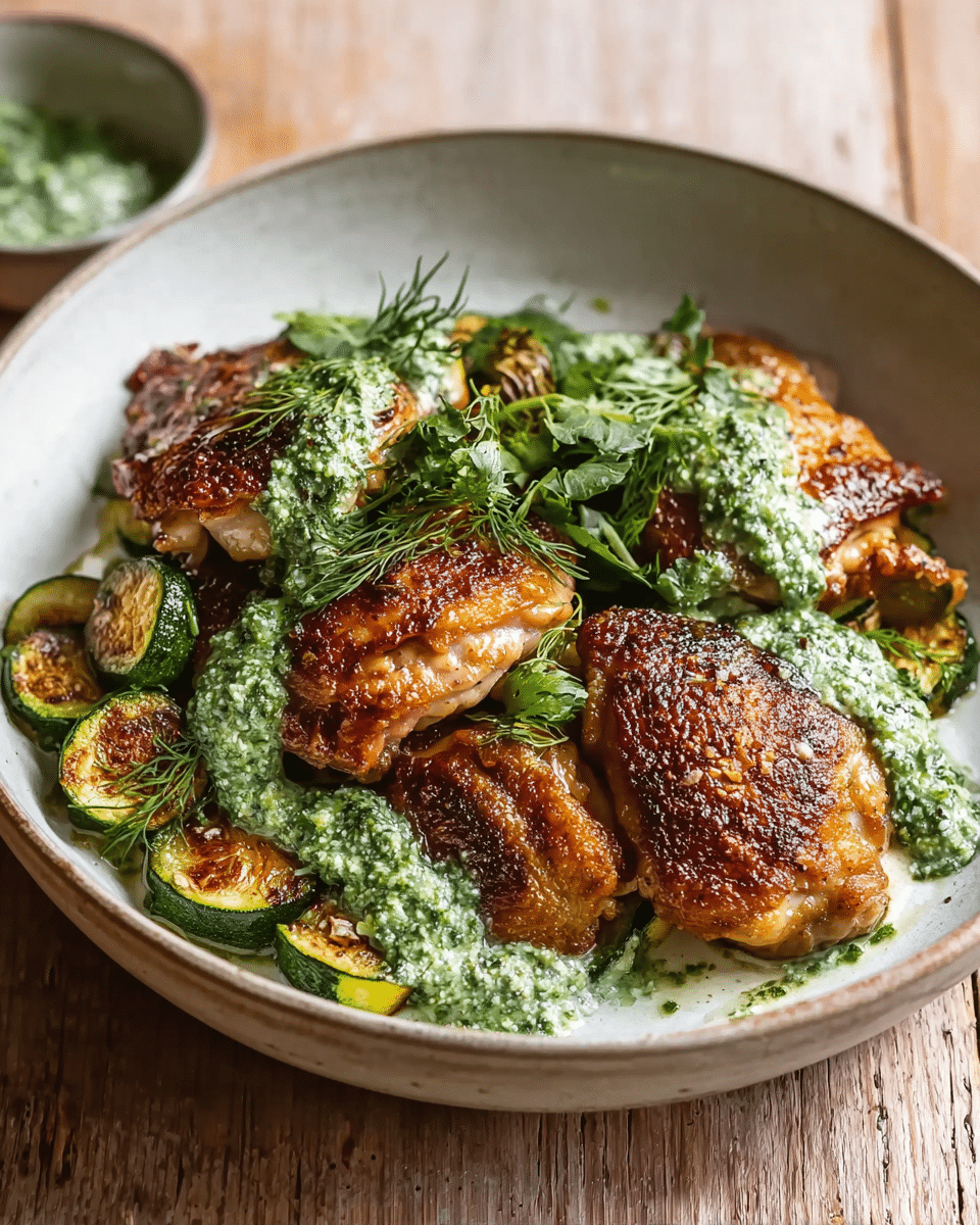 Crispy Chicken with Blistered Courgettes and Herby Green Sauce