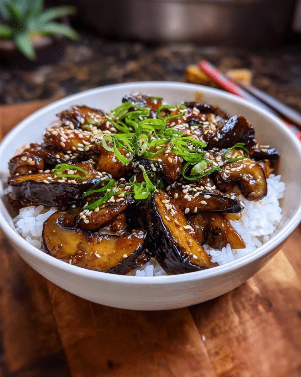 Teriyaki Eggplant and Mushroom Rice Bowl