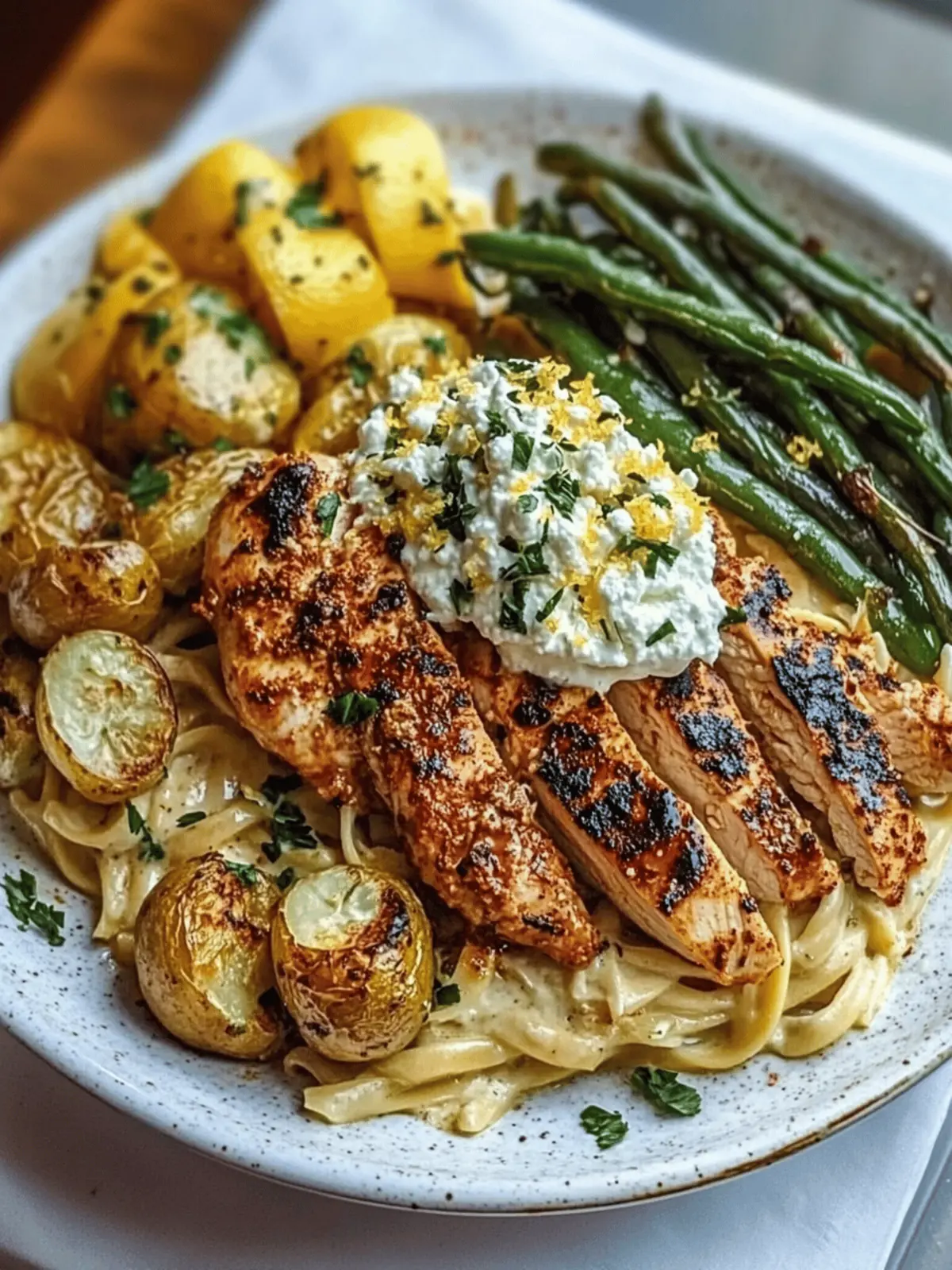 Smoky Paprika Chicken Alfredo with Lemon Feta Whip & Charred Green Beans