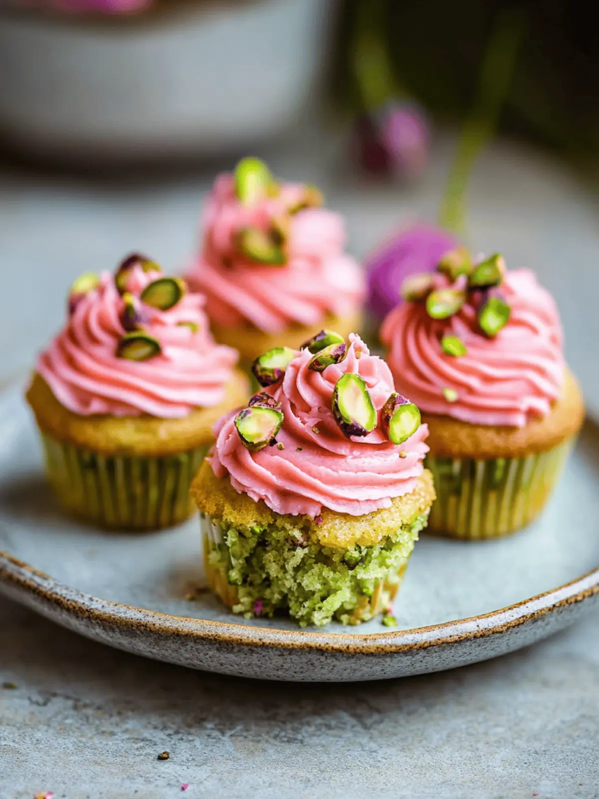 Vegan Mini Rose Pistachio Cupcakes