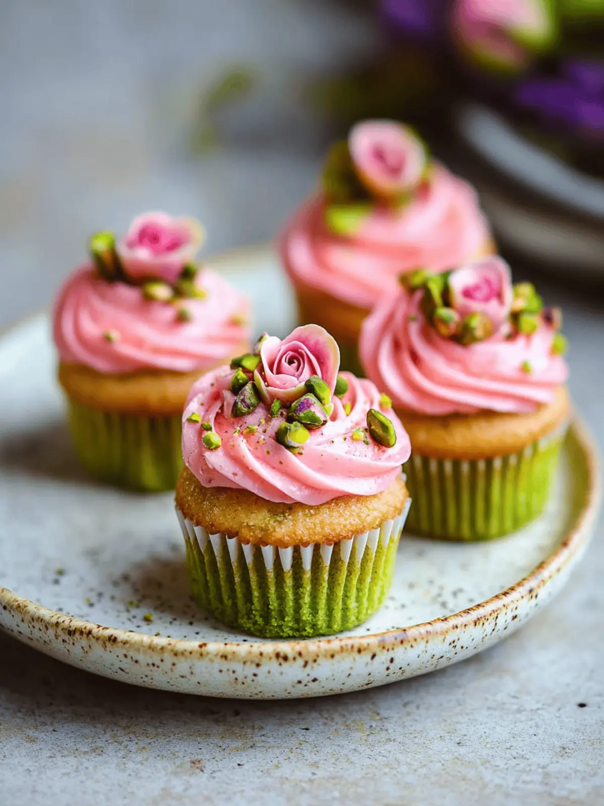 Vegan Mini Rose Pistachio Cupcakes