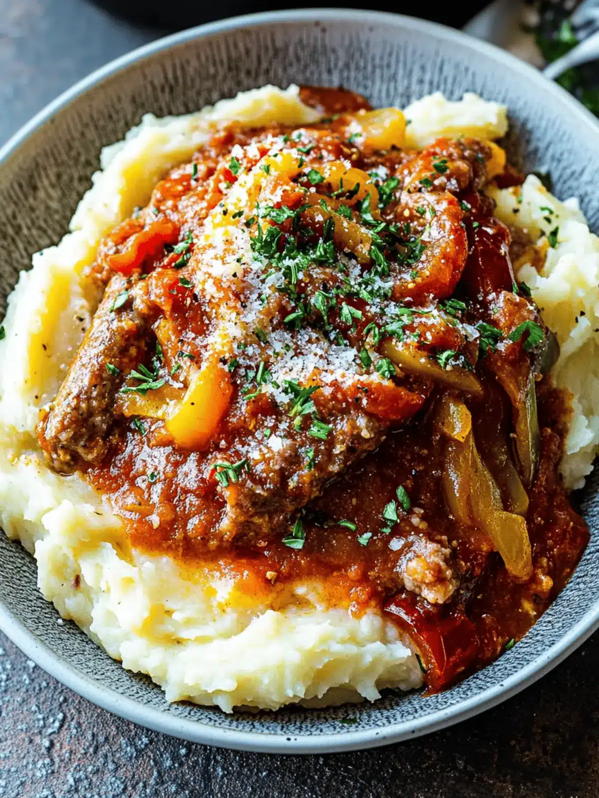 Creamy Sausage and Peppers over Mashed Potatoes