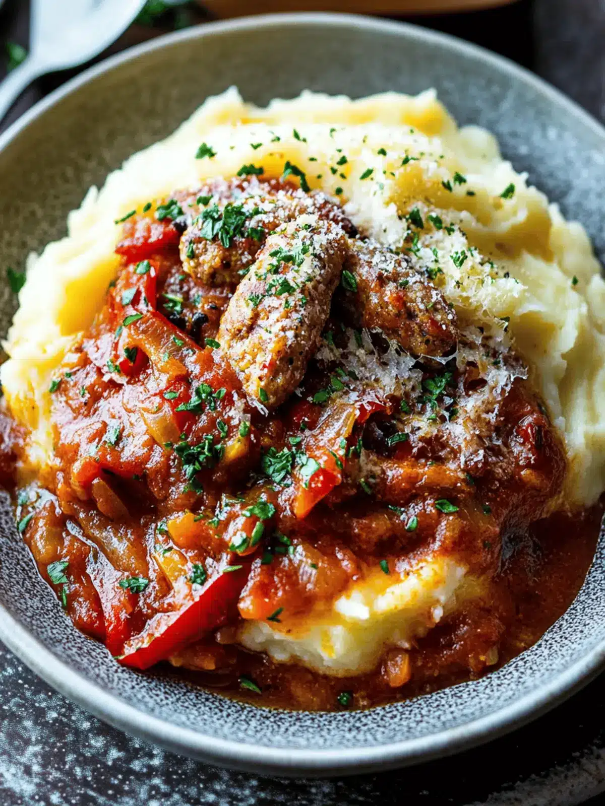 Creamy Sausage and Peppers over Mashed Potatoes