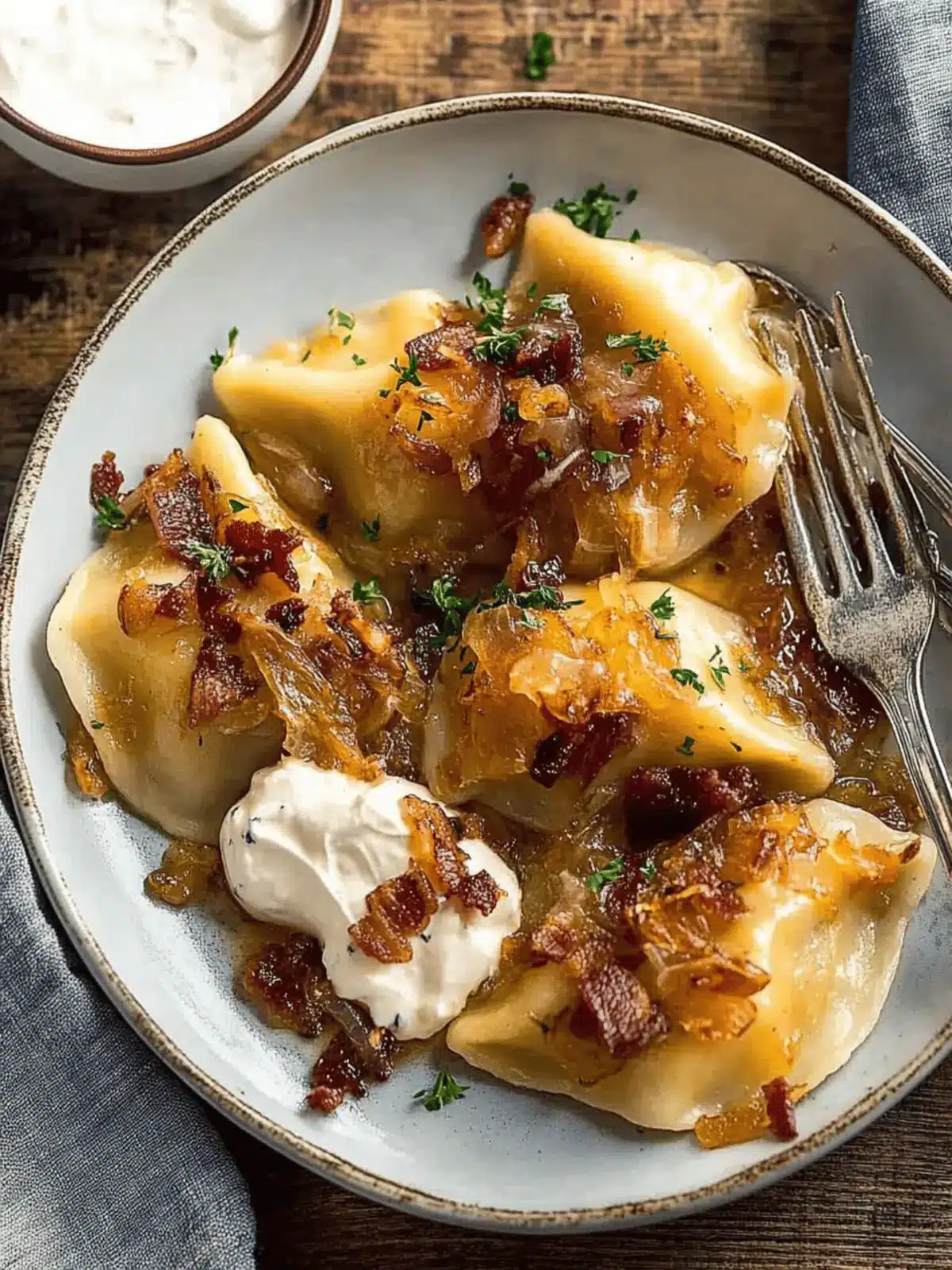 Cheddar Pierogies with Caramelized Onions and Bacon