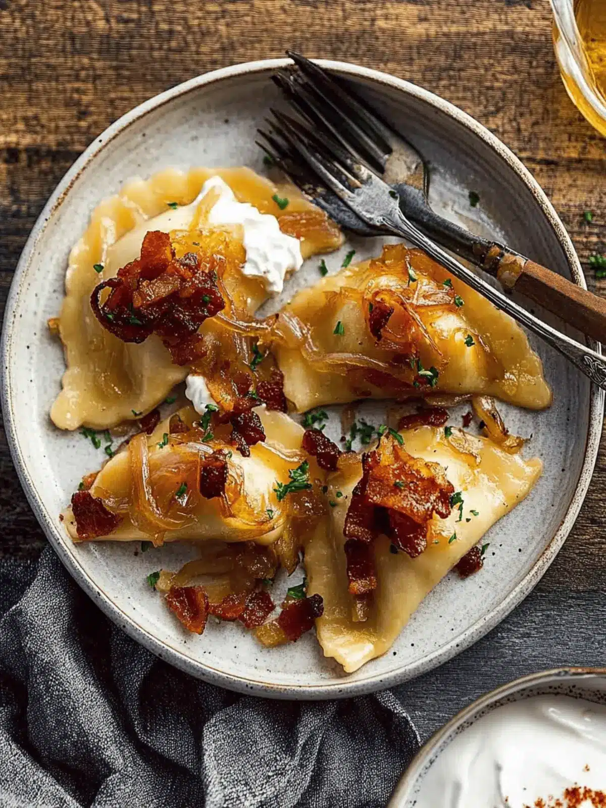 Cheddar Pierogies with Caramelized Onions and Bacon