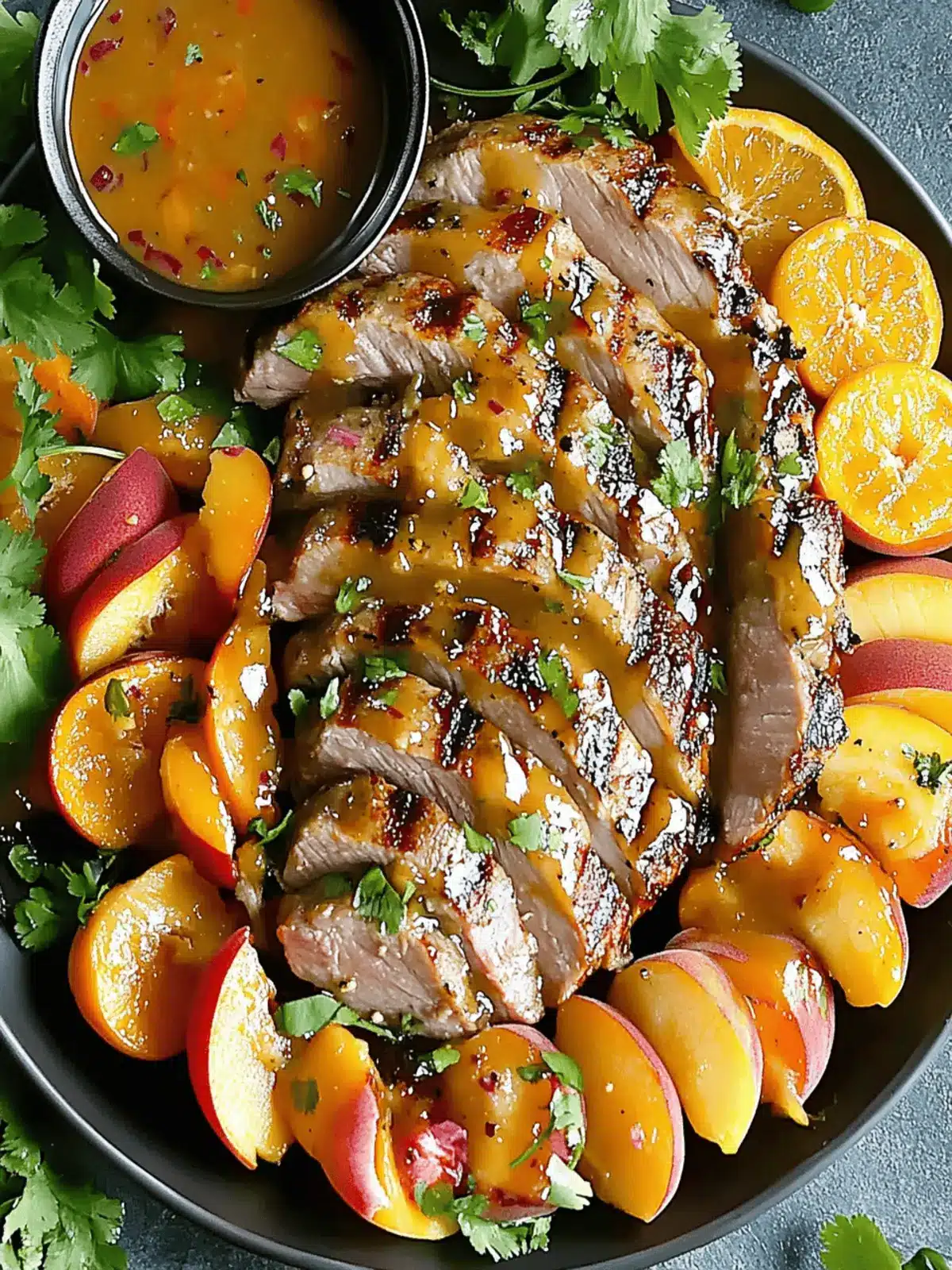 Grilled Pork Tenderloin with Peach Glaze and Orange-Habanero Mojo