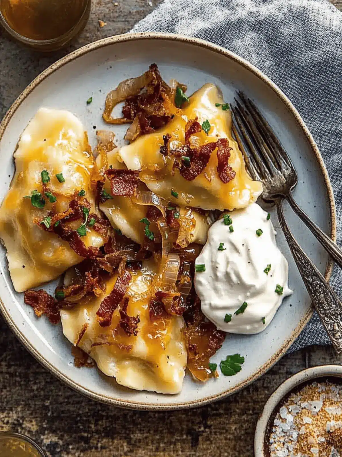 Cheddar Pierogies with Caramelized Onions and Bacon