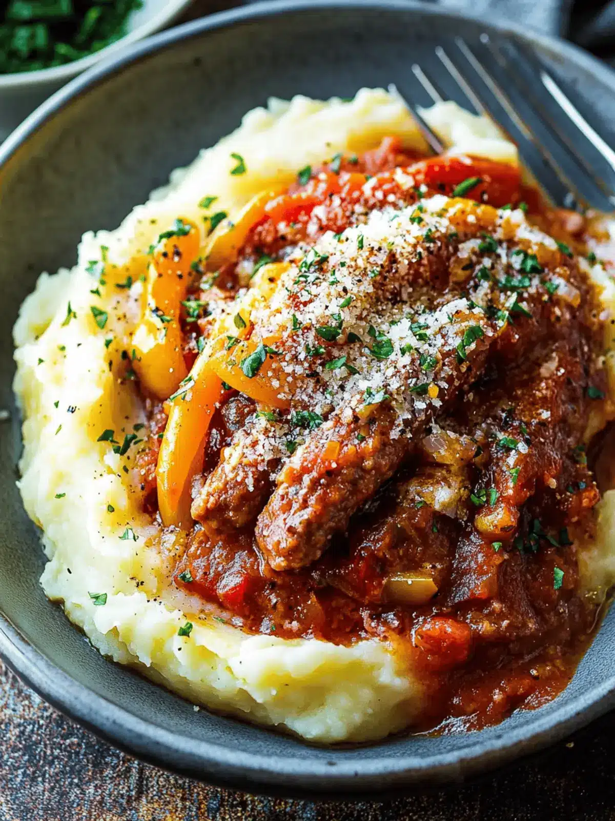 Creamy Sausage and Peppers over Mashed Potatoes