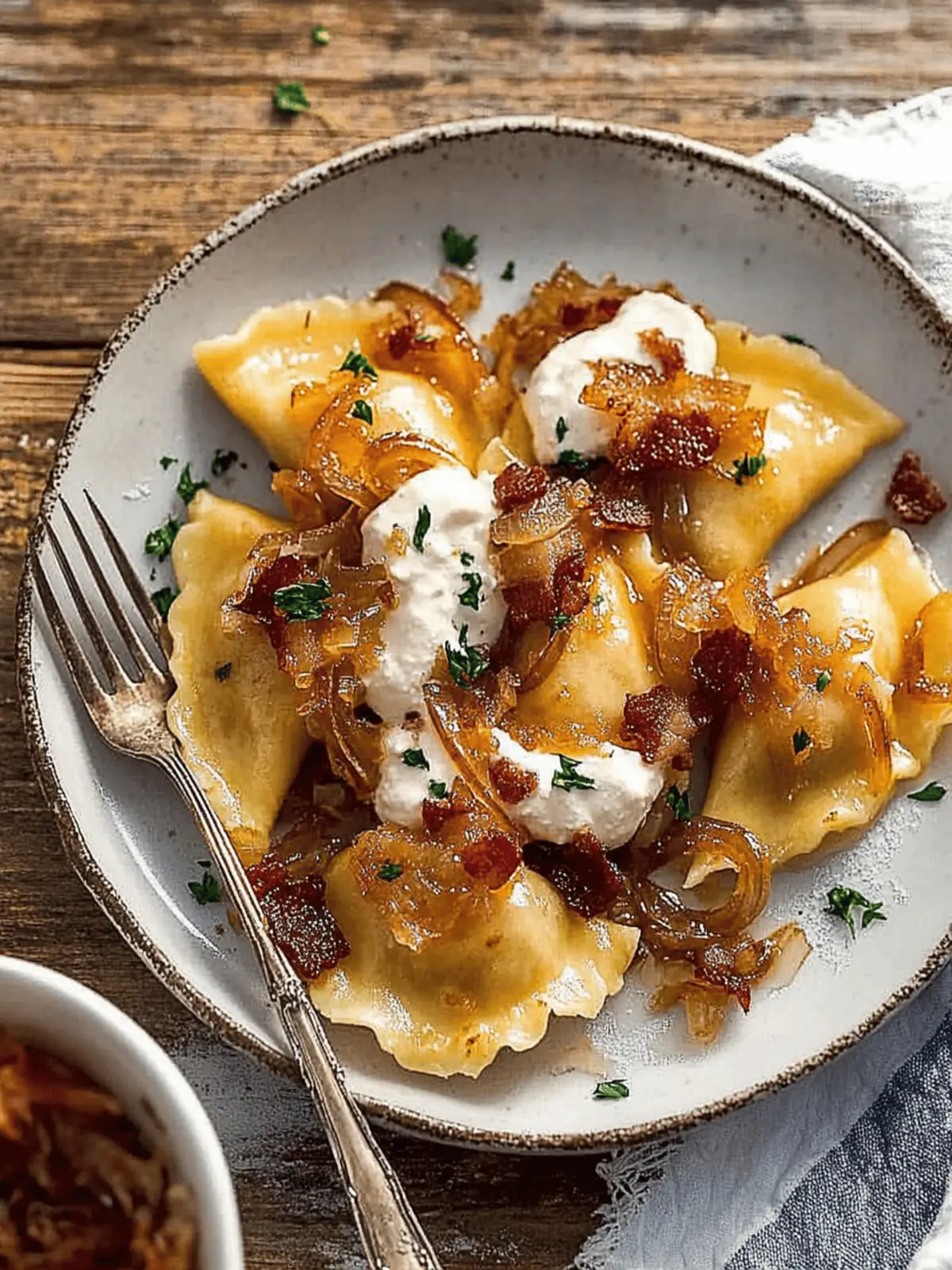 Cheddar Pierogies with Caramelized Onions and Bacon