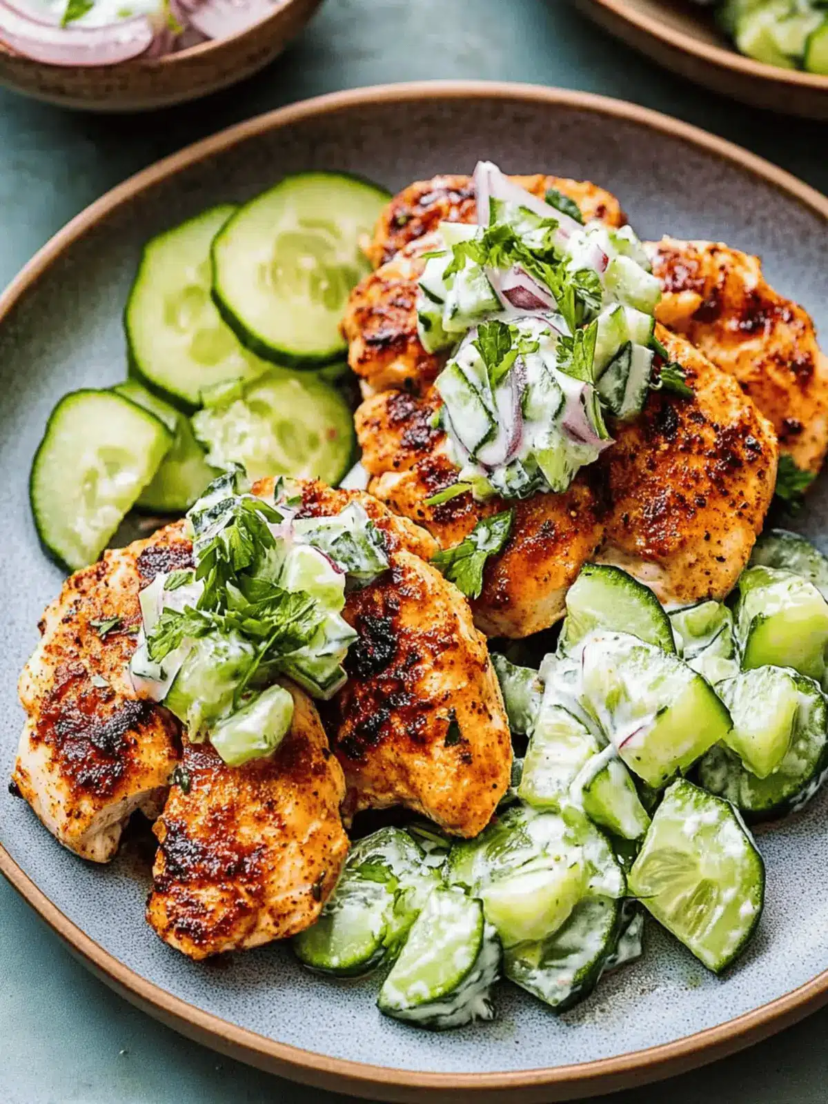 Spicy Mediterranean Chicken with Creamy Cucumber Salad