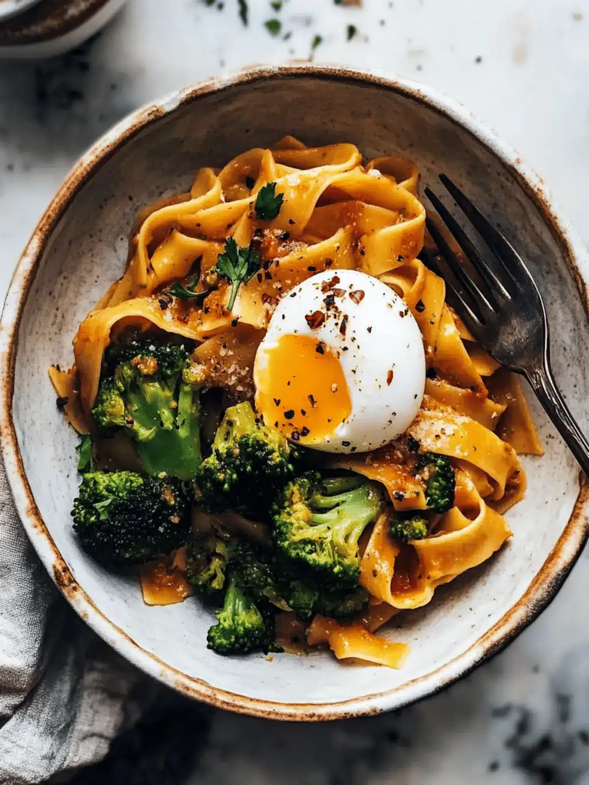Chili Garlic Pappardelle with Smashed Broccoli and Soft Eggs