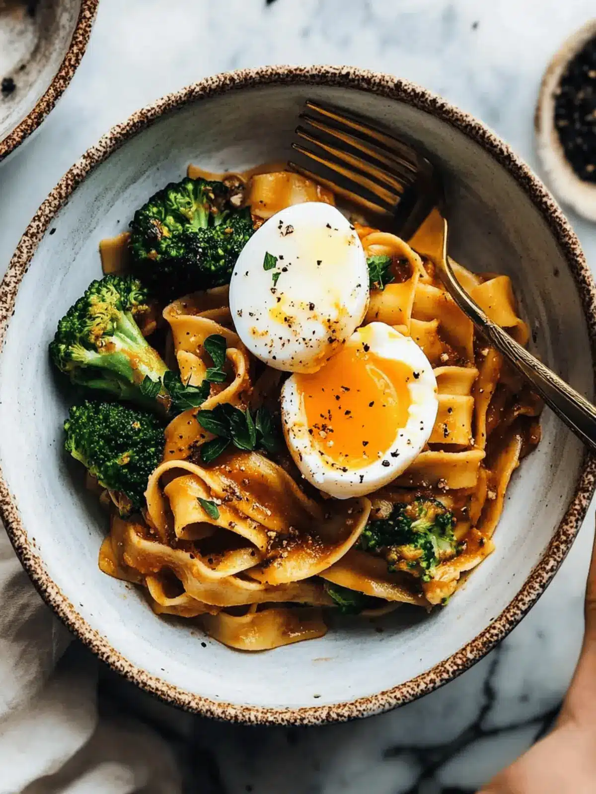Chili Garlic Pappardelle with Smashed Broccoli and Soft Eggs