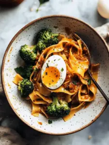Chili Garlic Pappardelle with Smashed Broccoli and Soft Eggs