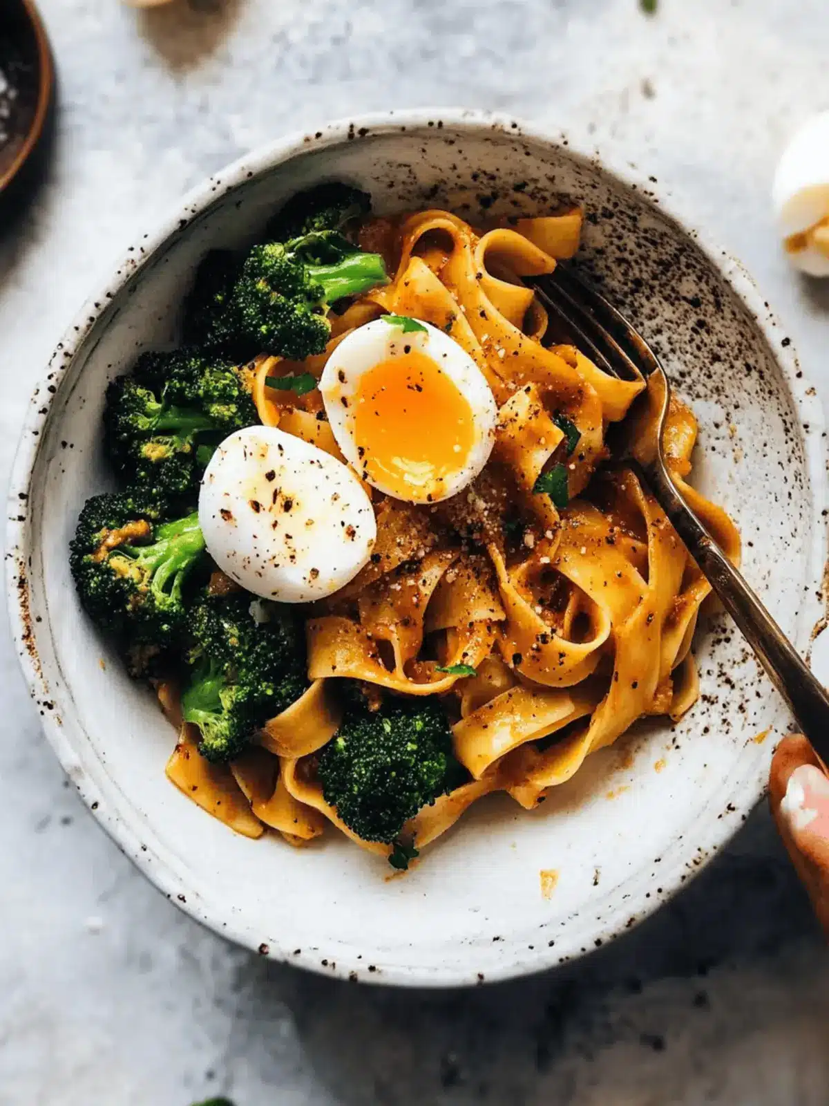 Chili Garlic Pappardelle with Smashed Broccoli and Soft Eggs